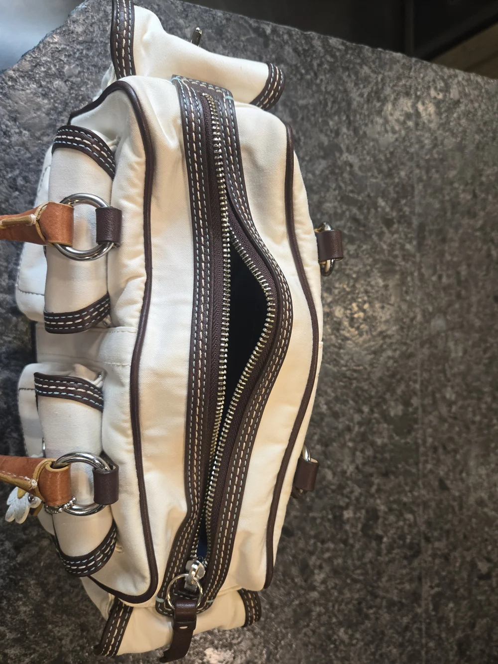 Coach Cream Satchel with Brown Trim and Flower Charm Accent